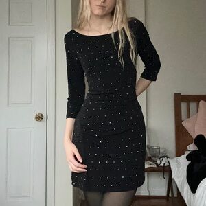 Express Womens Sheath Dress Black Mini Stretch Zip Rhinestone 3/4 Sleeve